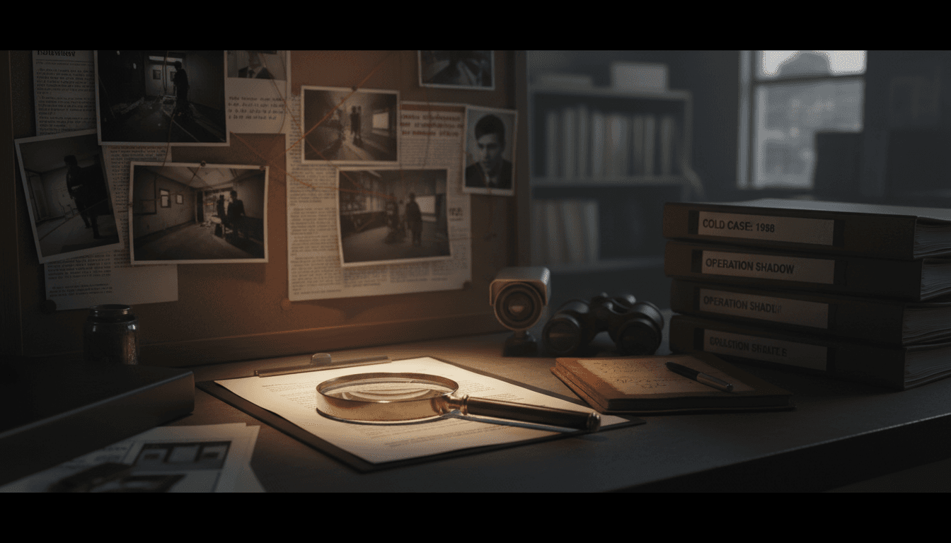 Detective case files and investigation materials on a desk with focused lighting