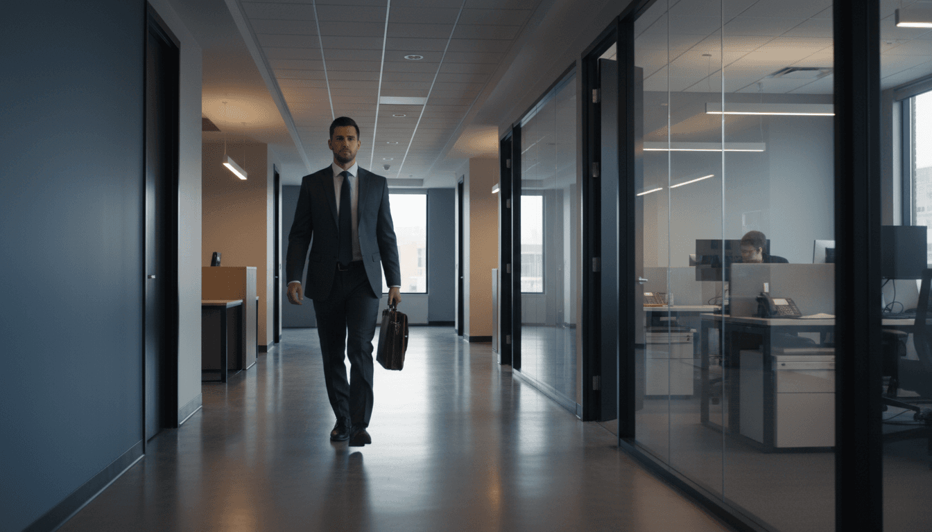 Professional process server in Detroit office corridor