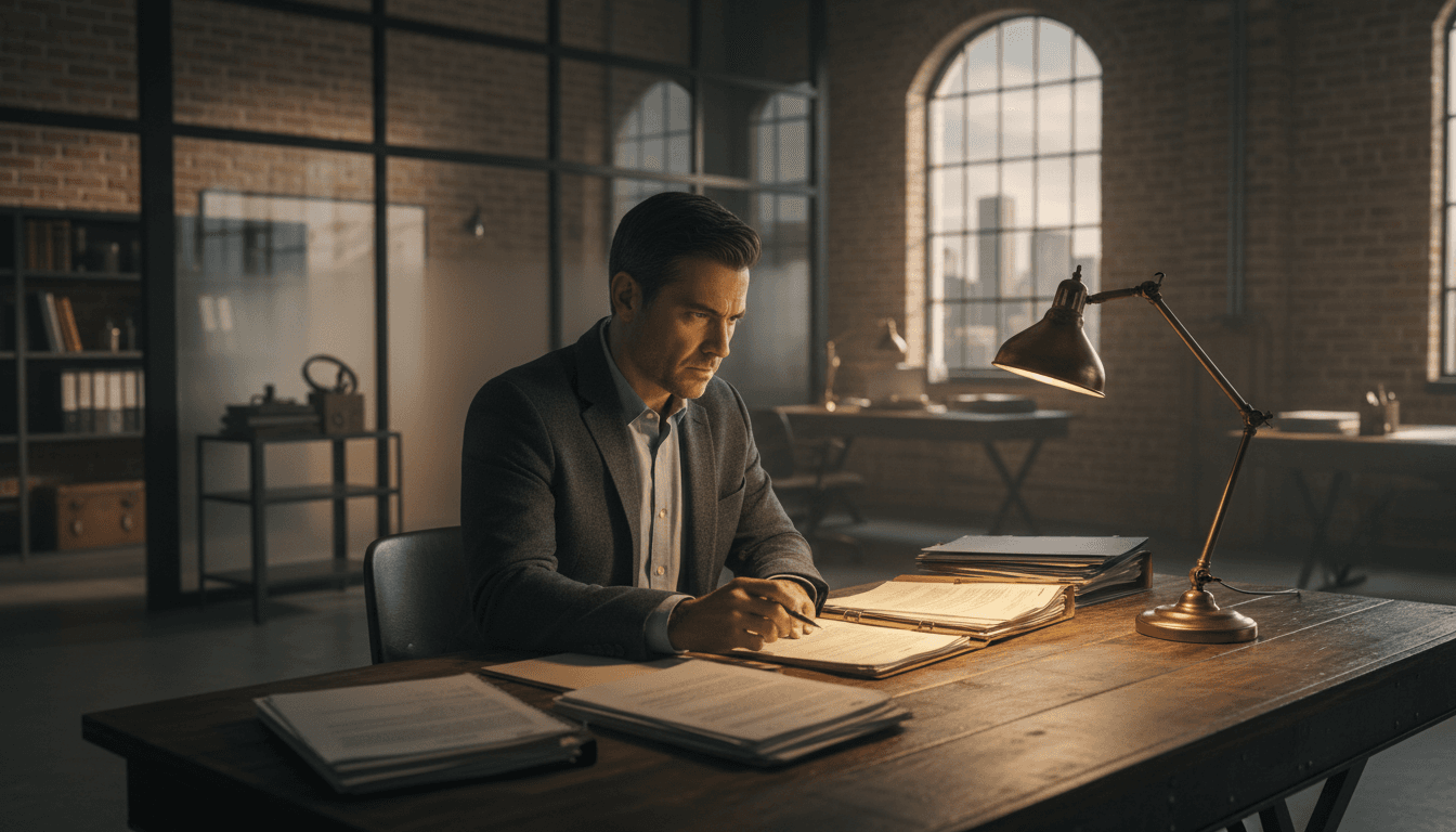 Process serving investigator reviewing case documents at desk