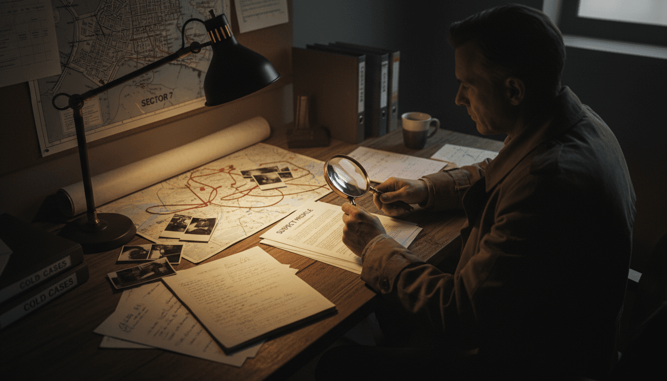 Private investigator reviewing case files and surveillance documents at desk