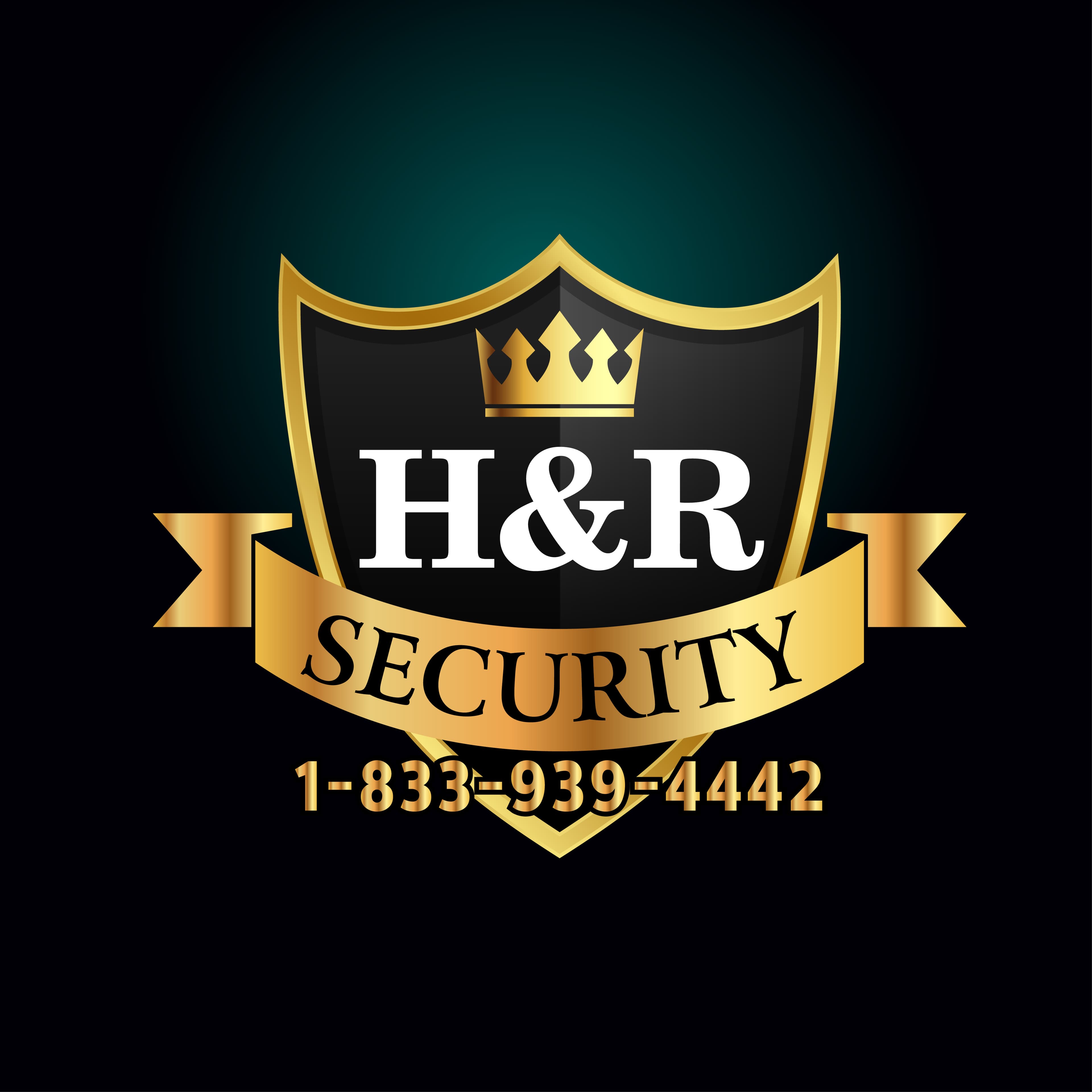 H&R Security logo featuring a gold crown, black shield, and phone number on dark background.