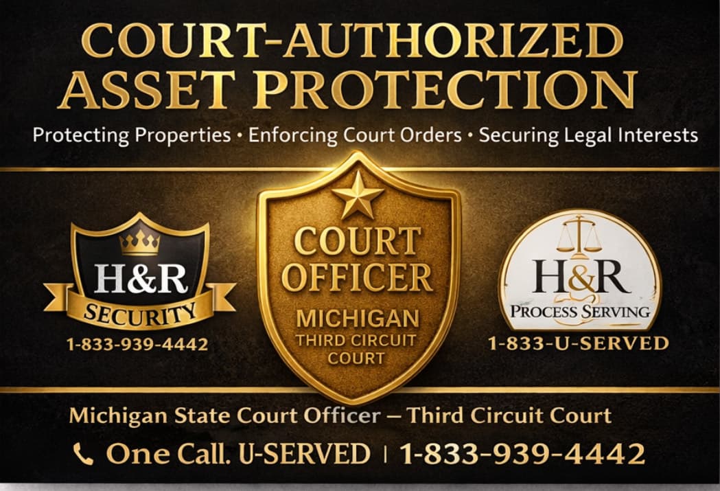 Gold advertisement for H&R Michigan court authorized asset protection, security, and process serving services.